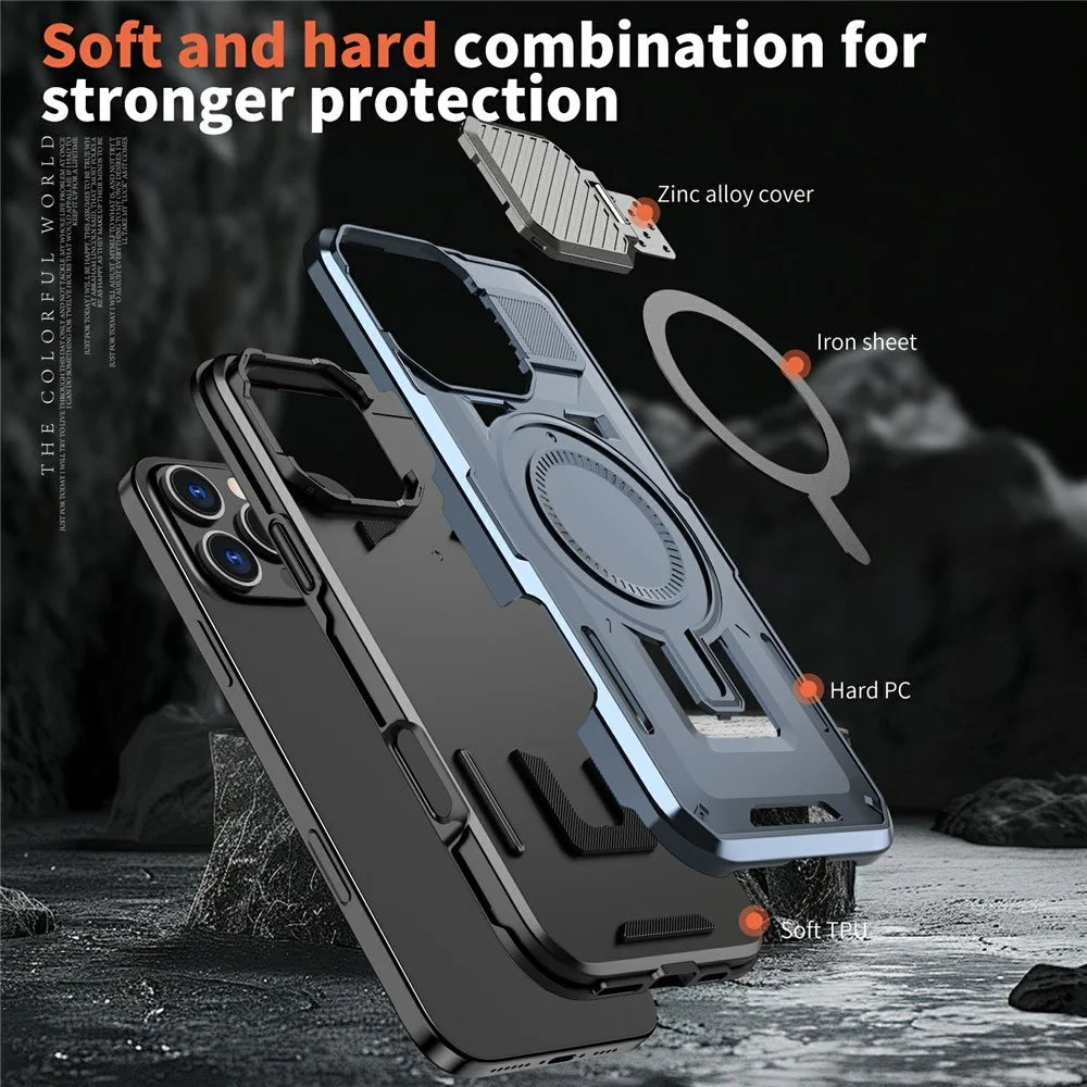For iPhone 16 Pro Case Compatible with MagSafe Lens Lid Kickstand PC+TPU Back Cover - Blue - 4