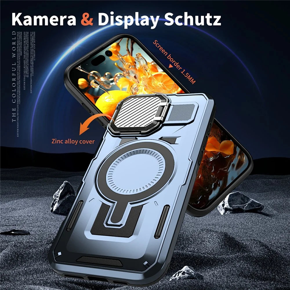 For iPhone 16 Pro Case Compatible with MagSafe Lens Lid Kickstand PC+TPU Back Cover - Blue - 5