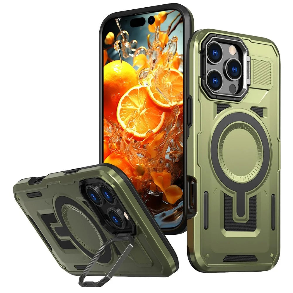 For iPhone 16 Pro Max Case Compatible with MagSafe Lens Frame Kickstand PC+TPU Back Cover - Olive Green - 1