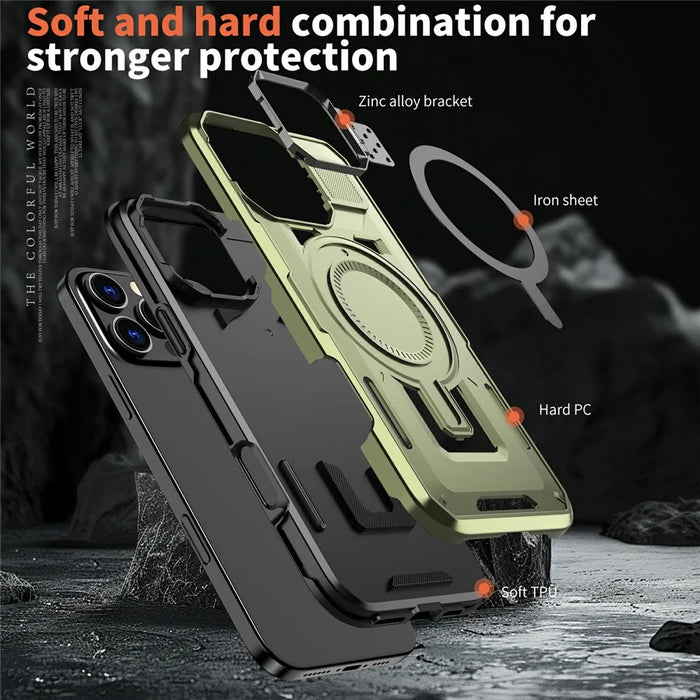For iPhone 16 Pro Max Case Compatible with MagSafe Lens Frame Kickstand PC+TPU Back Cover - Olive Green - 2