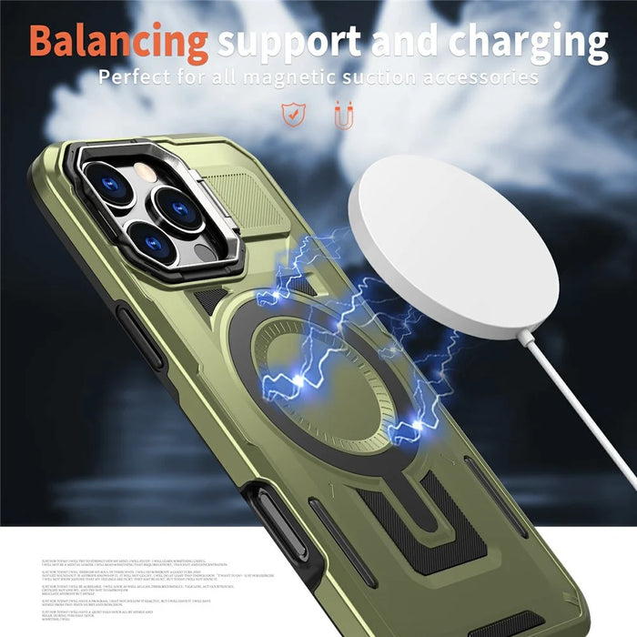 For iPhone 16 Pro Max Case Compatible with MagSafe Lens Frame Kickstand PC+TPU Back Cover - Olive Green - 3