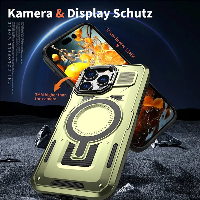 For iPhone 16 Pro Max Case Compatible with MagSafe Lens Frame Kickstand PC+TPU Back Cover - Olive Green - 5