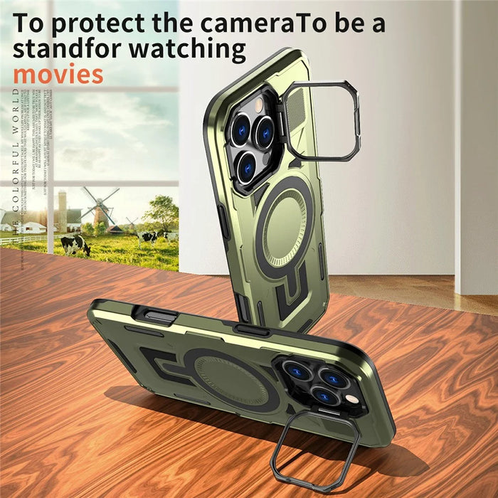 For iPhone 16 Pro Max Case Compatible with MagSafe Lens Frame Kickstand PC+TPU Back Cover - Olive Green - 6