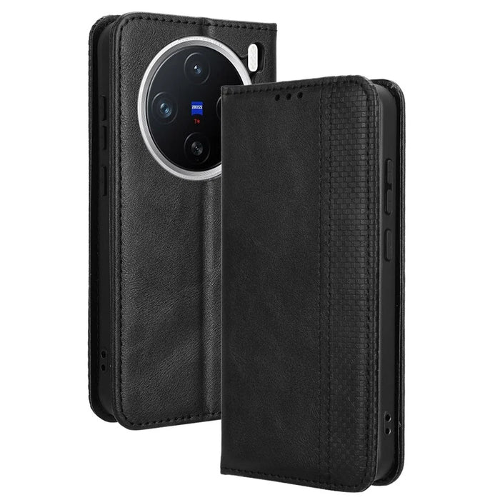 For vivo X200 5G Leather Case Wallet Stand Retro Texture Phone Cover - Black - 1