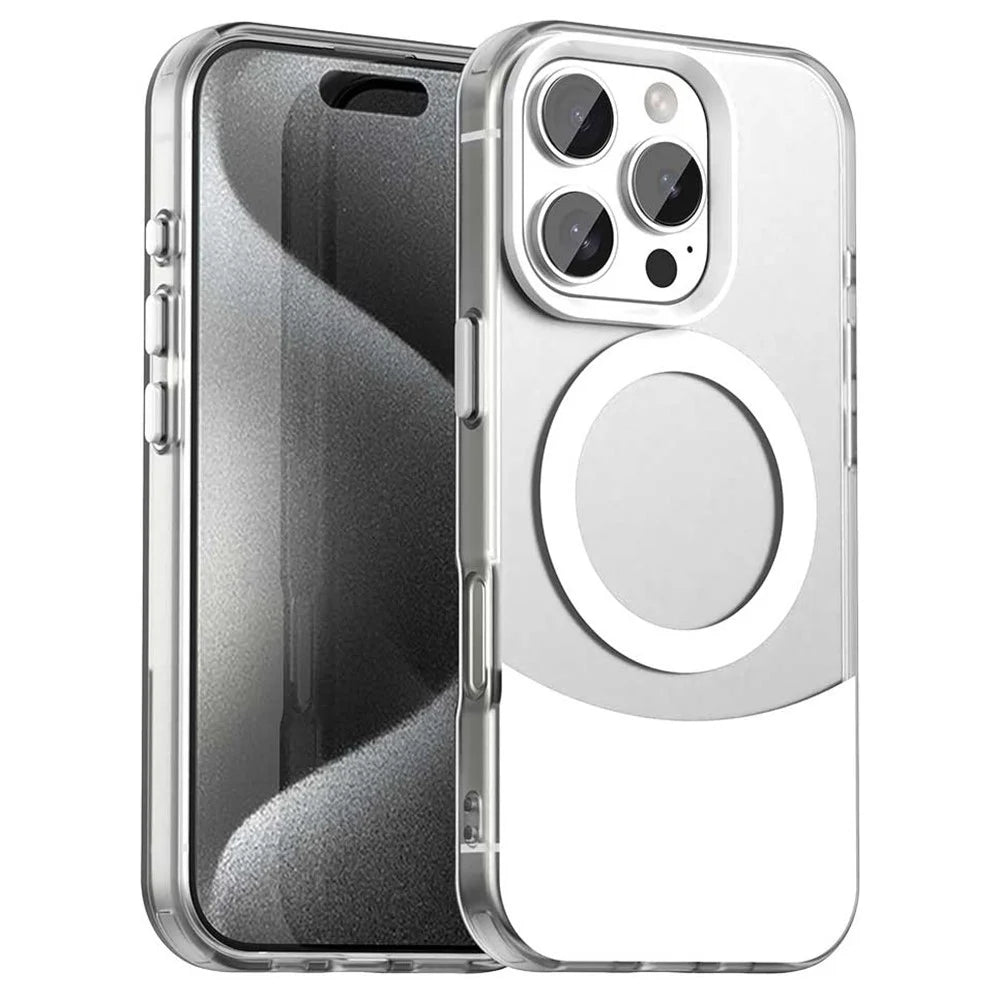For iPhone 16 Pro Case Compatible with MagSafe Color Splicing IMD TPU+PET+PC Mobile Cover - White - 1