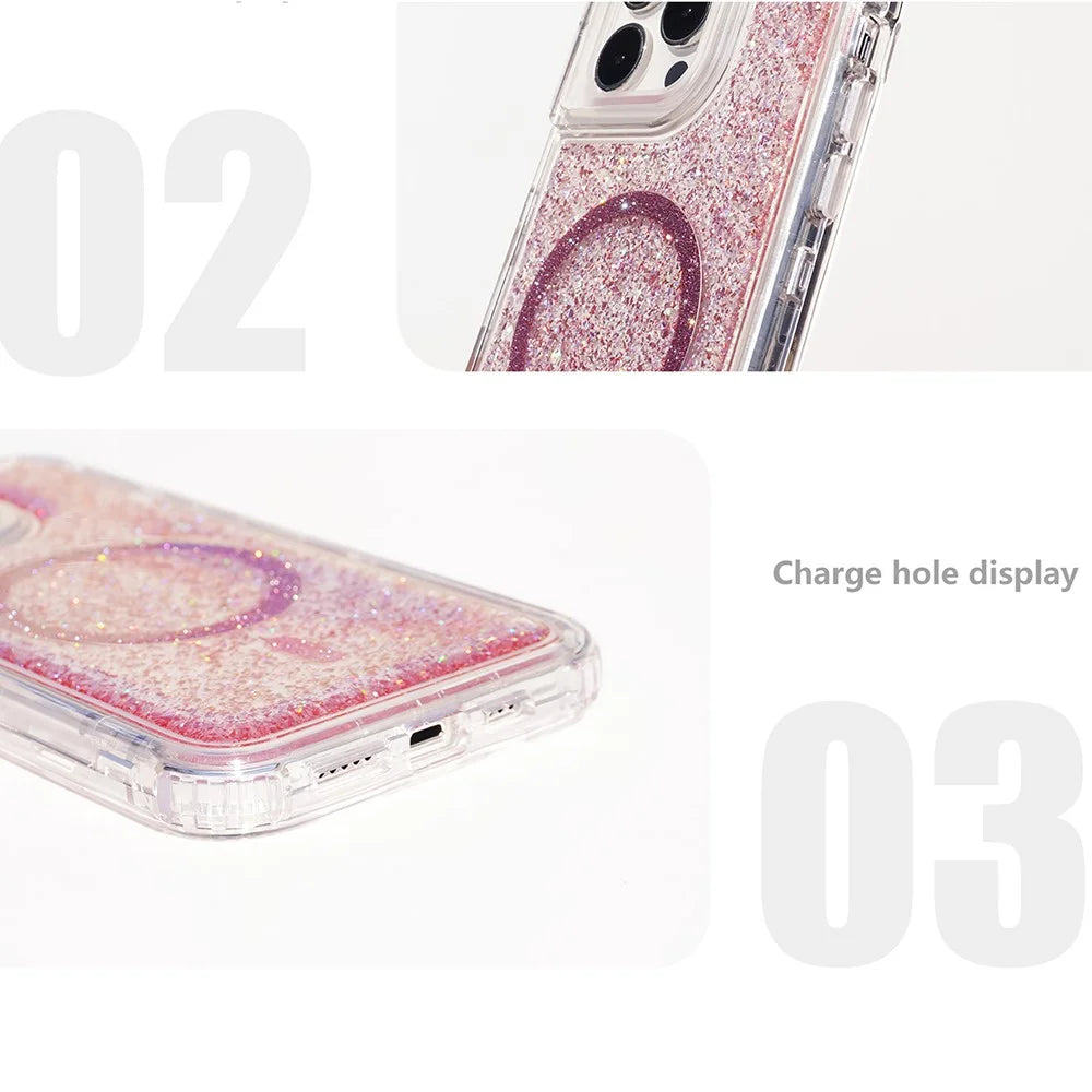 For iPhone 15 Pro Max Case Compatible with MagSafe Sparkle Epoxy PC+TPU Phone Cover - Pink - 4