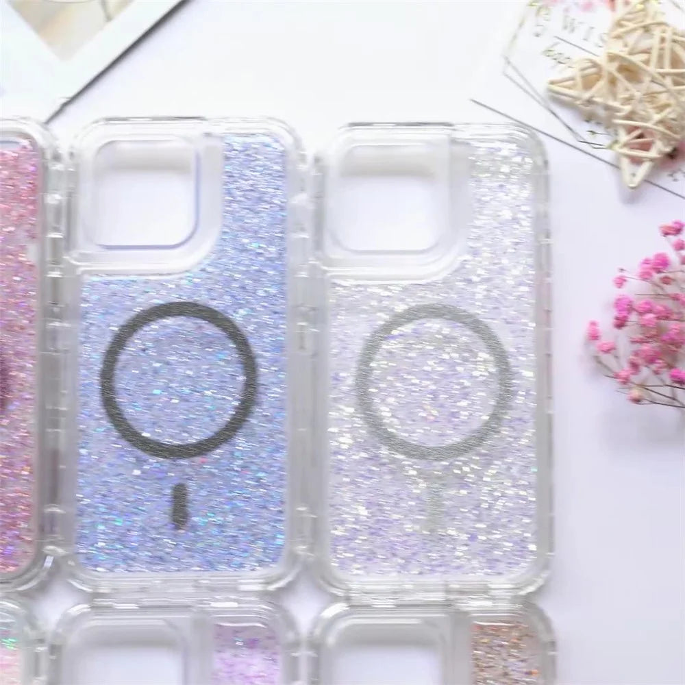 For iPhone 15 Pro Max Case Compatible with MagSafe Sparkle Epoxy PC+TPU Phone Cover - Pink - 5