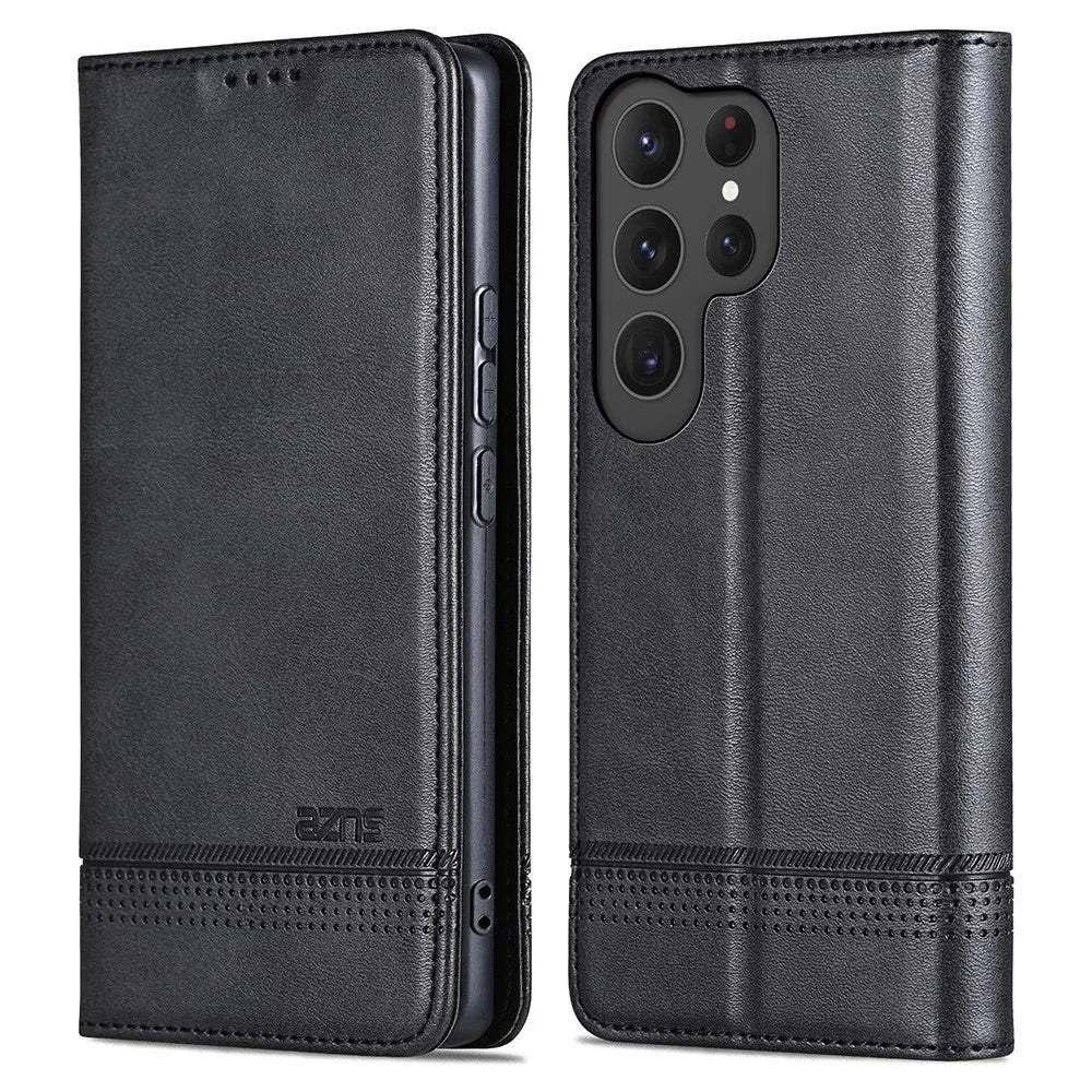 AZNS For Samsung Galaxy S25 Ultra Case Cowhide Texture PU Leather Wallet Phone Cover - Black - 1