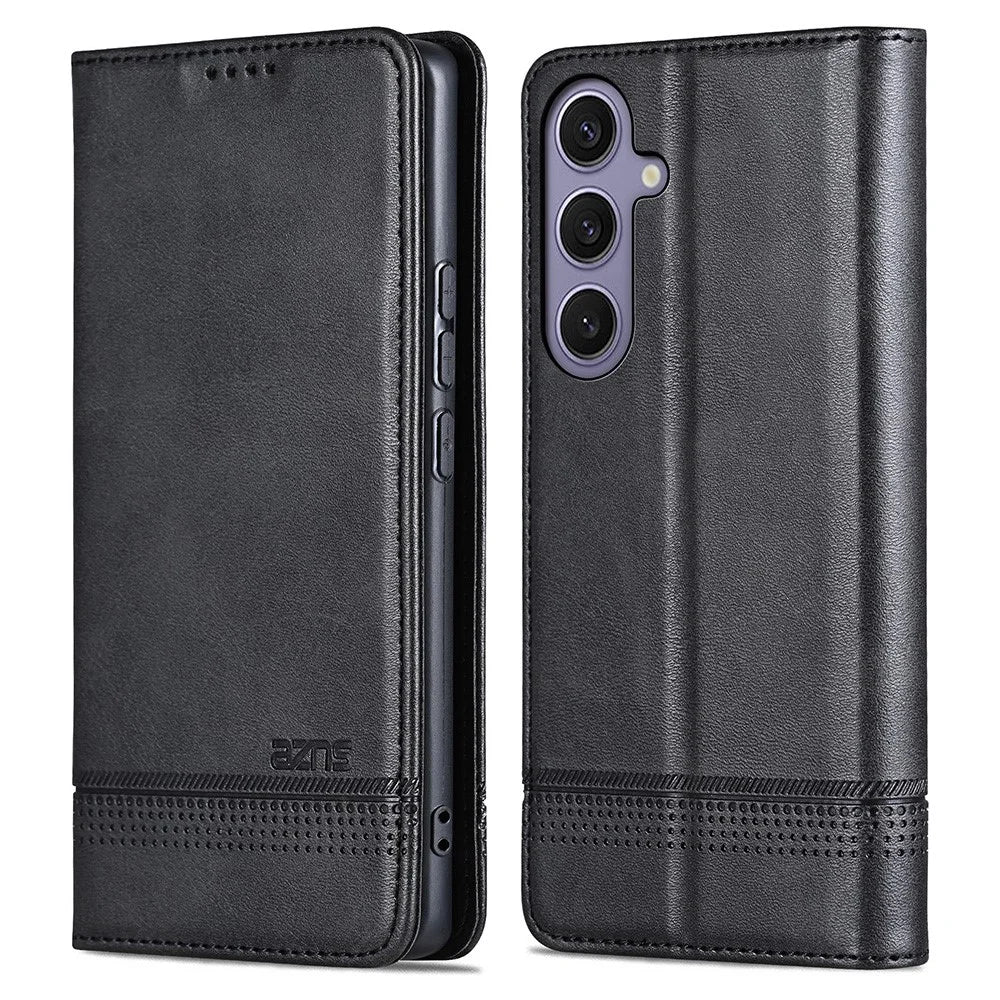 AZNS For Samsung Galaxy S25 Case Cowhide Texture PU Leather Wallet Phone Cover - Black - 1