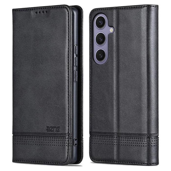 AZNS For Samsung Galaxy S25 Case Cowhide Texture PU Leather Wallet Phone Cover - Black - 1