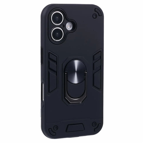 For iPhone 16 Plus Case PC+TPU Drop Defend Phone Cover with Ring Kickstand - Black - 1