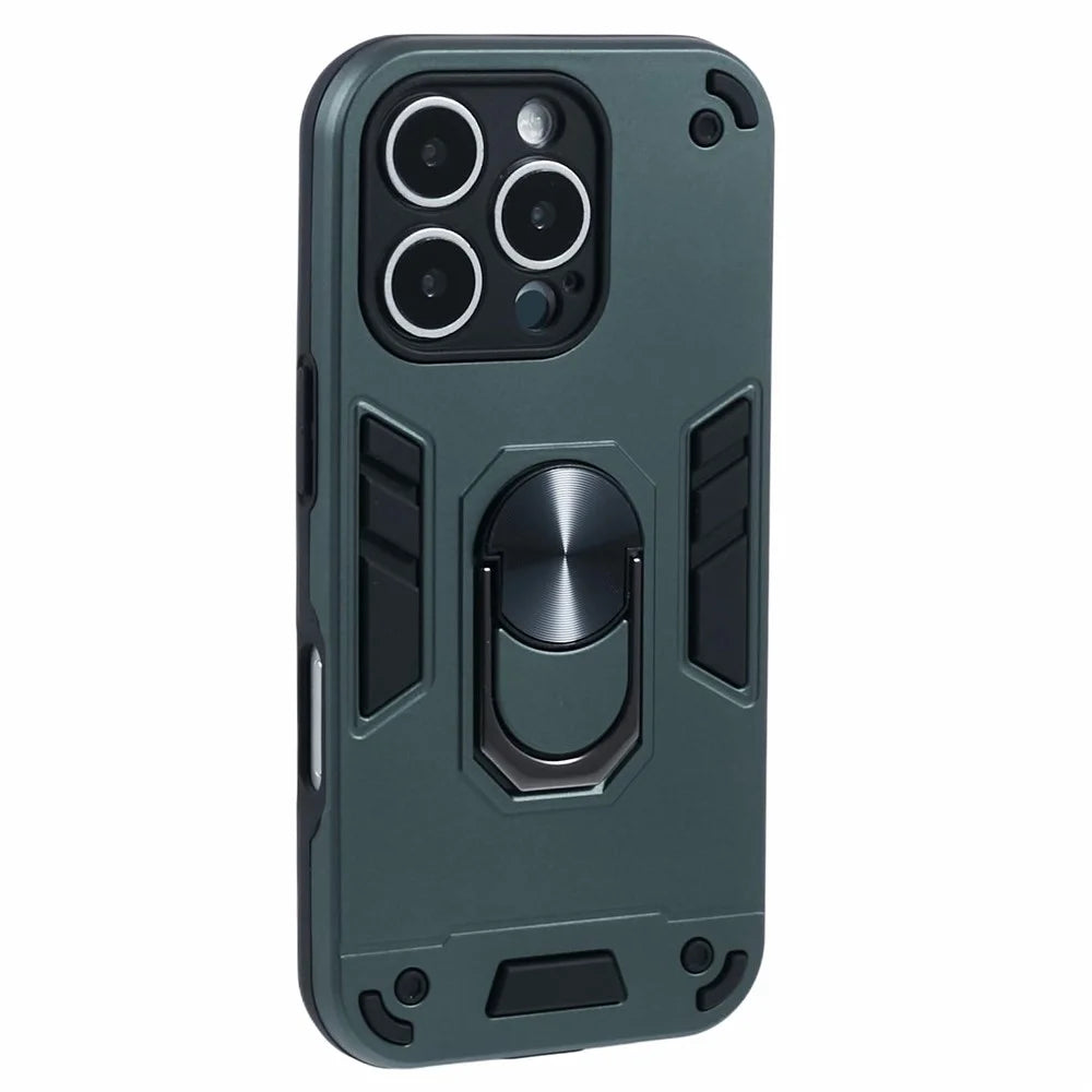 For iPhone 16 Pro Max Case PC+TPU Drop Defend Phone Cover with Ring Kickstand - Green - 1