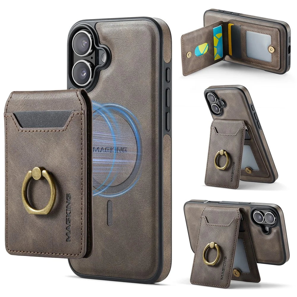 MAGKING K1 Series For iPhone 16 Magnetic Case PC+TPU+PU Phone Cover with Card Holder Kickstand - Coffee - 1