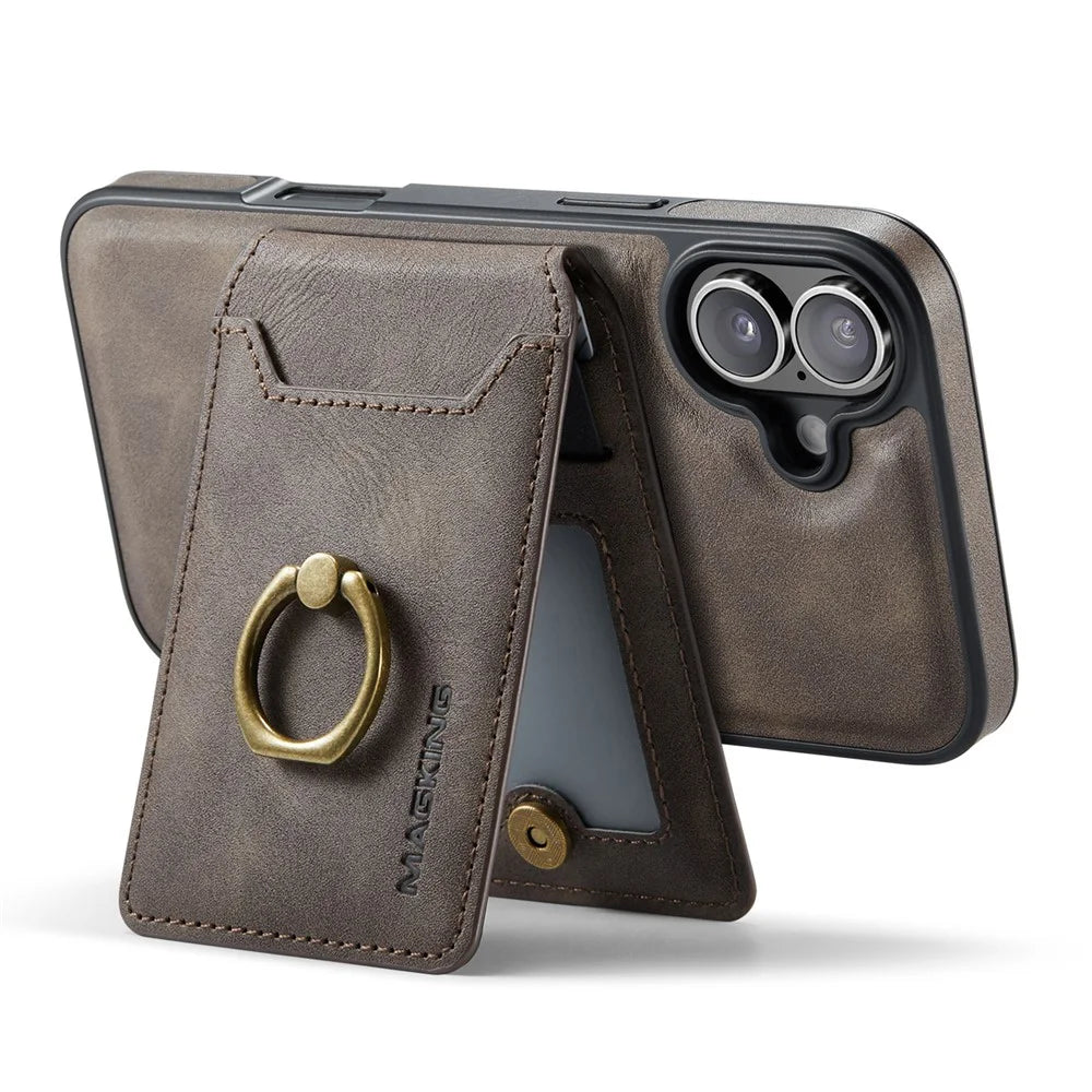 MAGKING K1 Series For iPhone 16 Magnetic Case PC+TPU+PU Phone Cover with Card Holder Kickstand - Coffee - 2