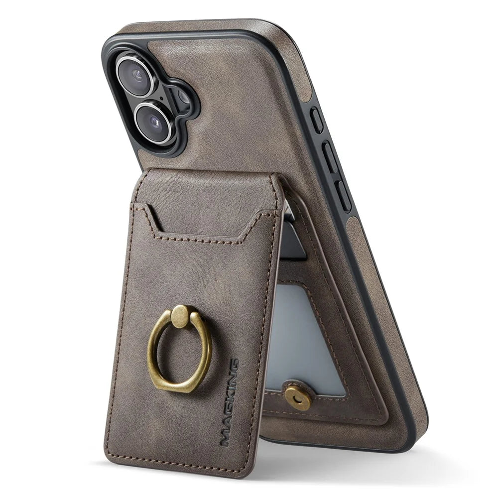 MAGKING K1 Series For iPhone 16 Magnetic Case PC+TPU+PU Phone Cover with Card Holder Kickstand - Coffee - 3