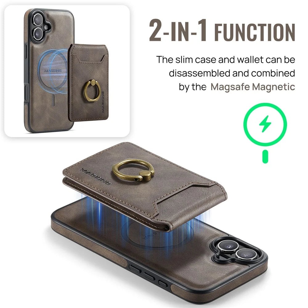 MAGKING K1 Series For iPhone 16 Magnetic Case PC+TPU+PU Phone Cover with Card Holder Kickstand - Coffee - 6