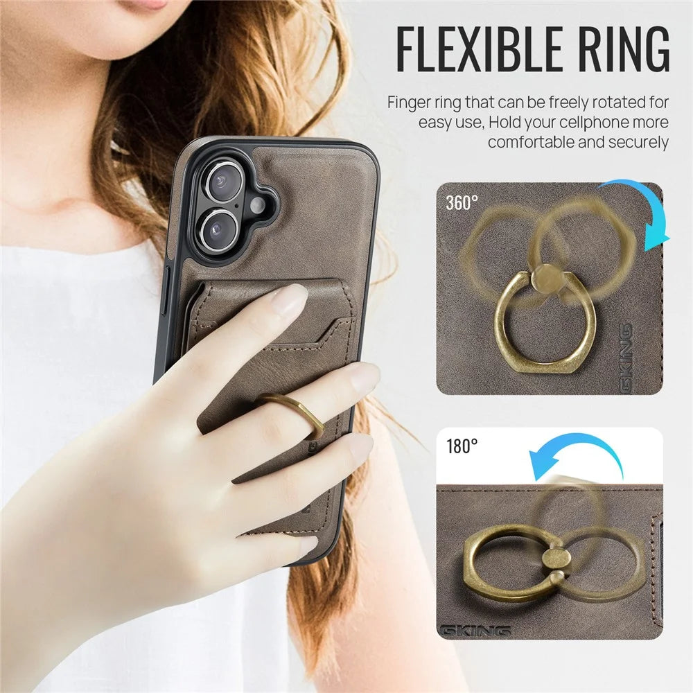 MAGKING K1 Series For iPhone 16 Magnetic Case PC+TPU+PU Phone Cover with Card Holder Kickstand - Coffee - 7