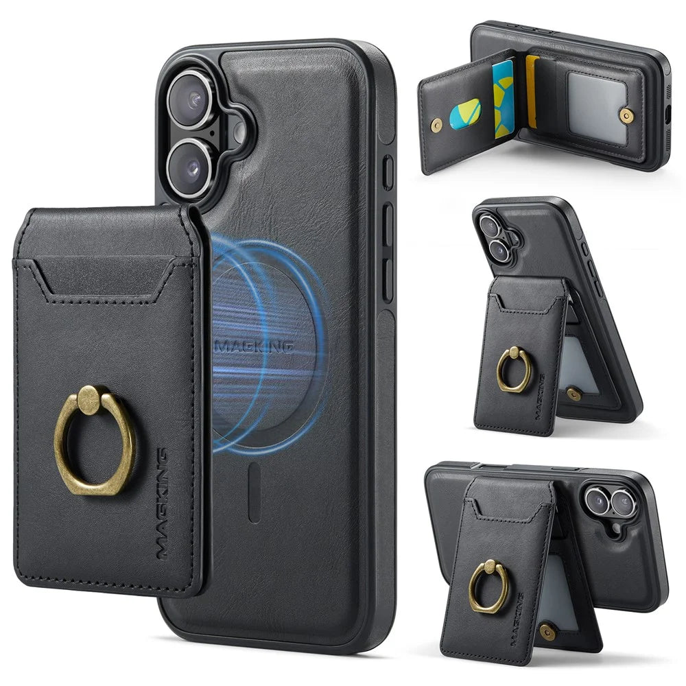 MAGKING K1 Series For iPhone 16 Plus Magnetic Case PC+TPU+PU Phone Cover with Card Holder Kickstand - Black - 1