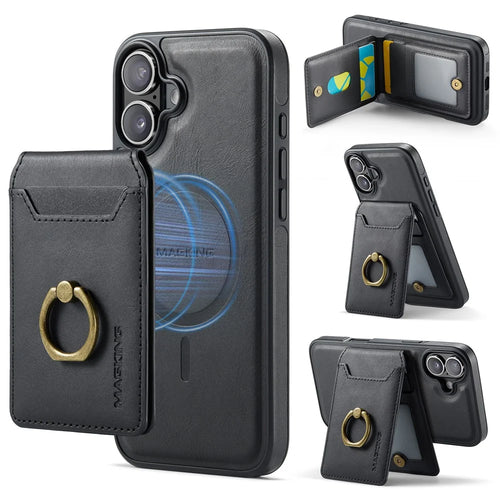 MAGKING K1 Series For iPhone 16 Plus Magnetic Case PC+TPU+PU Phone Cover with Card Holder Kickstand - Black - 1