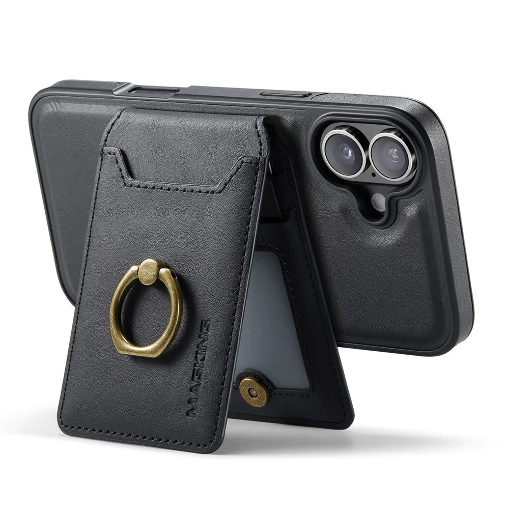 MAGKING K1 Series For iPhone 16 Plus Magnetic Case PC+TPU+PU Phone Cover with Card Holder Kickstand - Black - 2