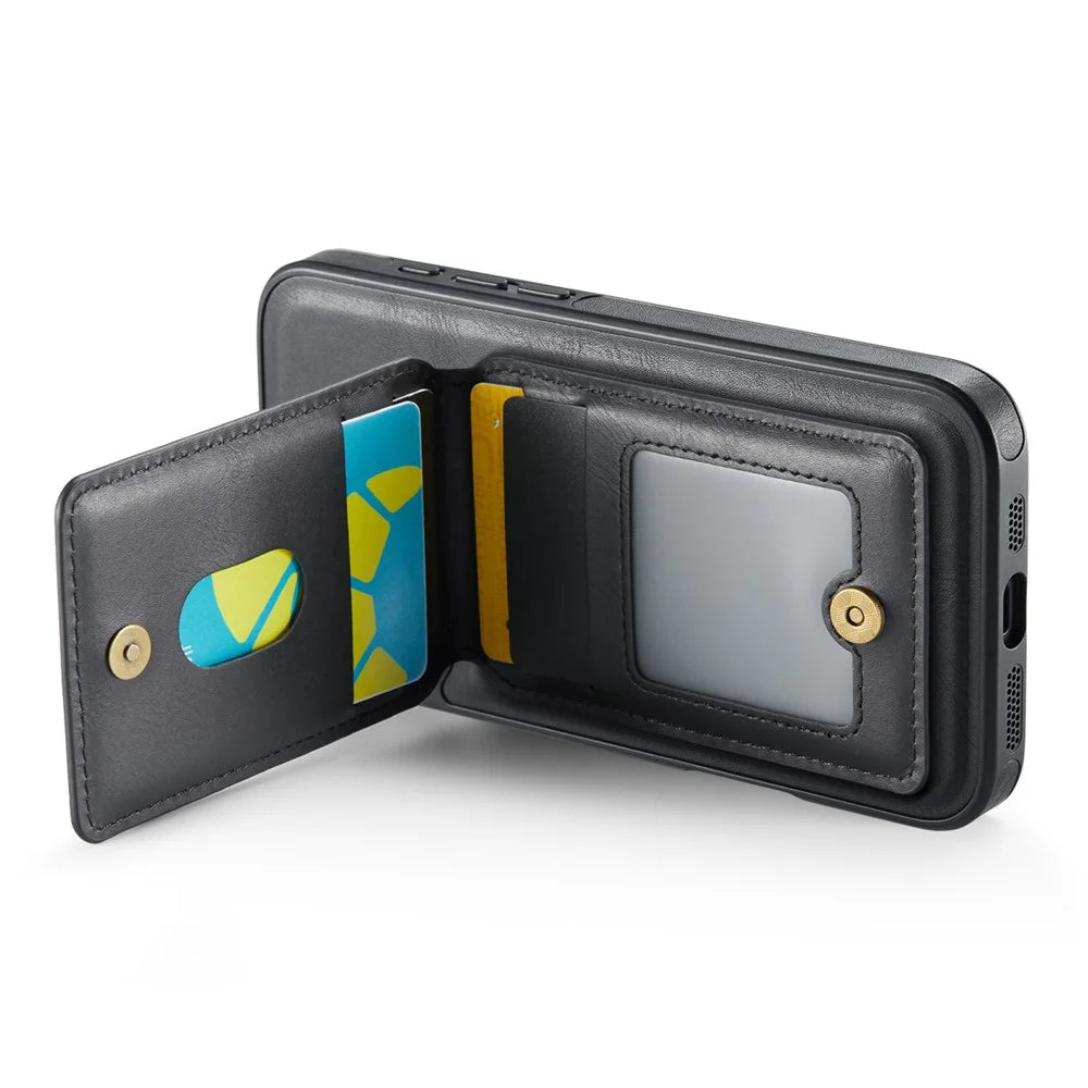 MAGKING K1 Series For iPhone 16 Plus Magnetic Case PC+TPU+PU Phone Cover with Card Holder Kickstand - Black - 4