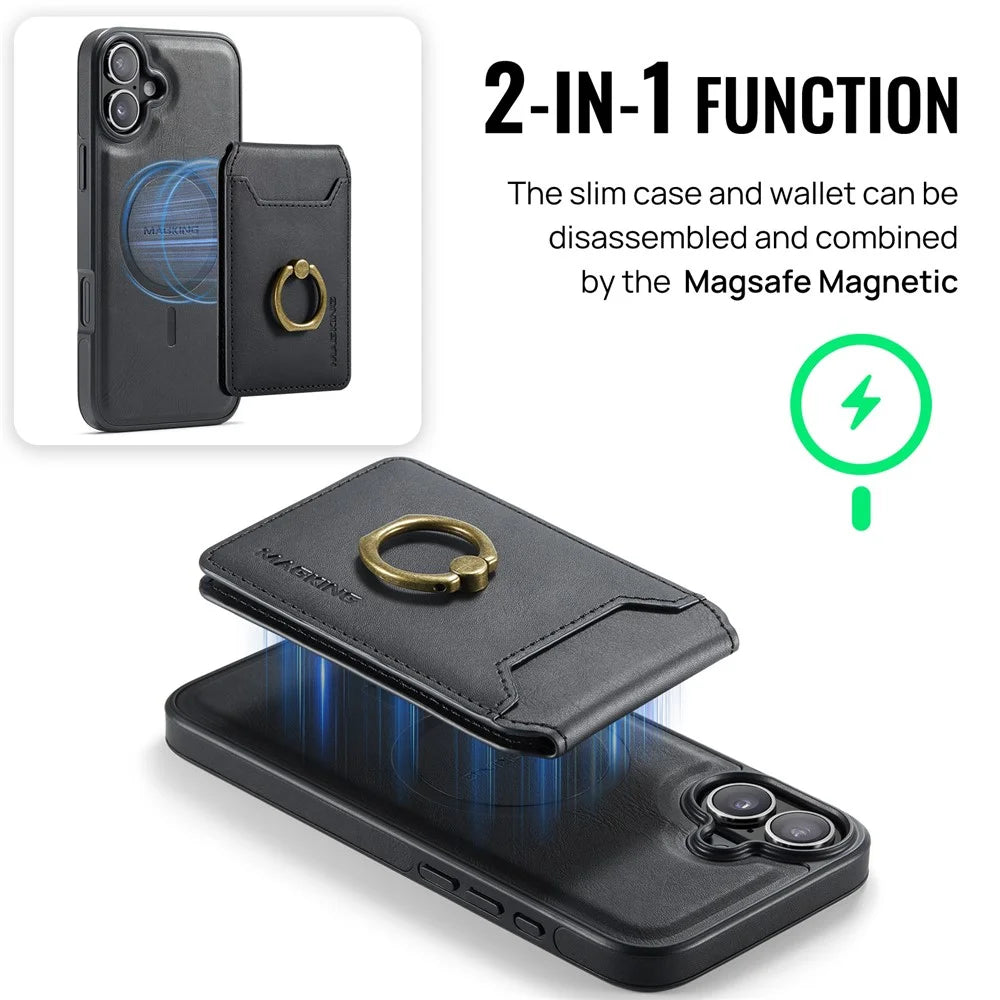 MAGKING K1 Series For iPhone 16 Plus Magnetic Case PC+TPU+PU Phone Cover with Card Holder Kickstand - Black - 6