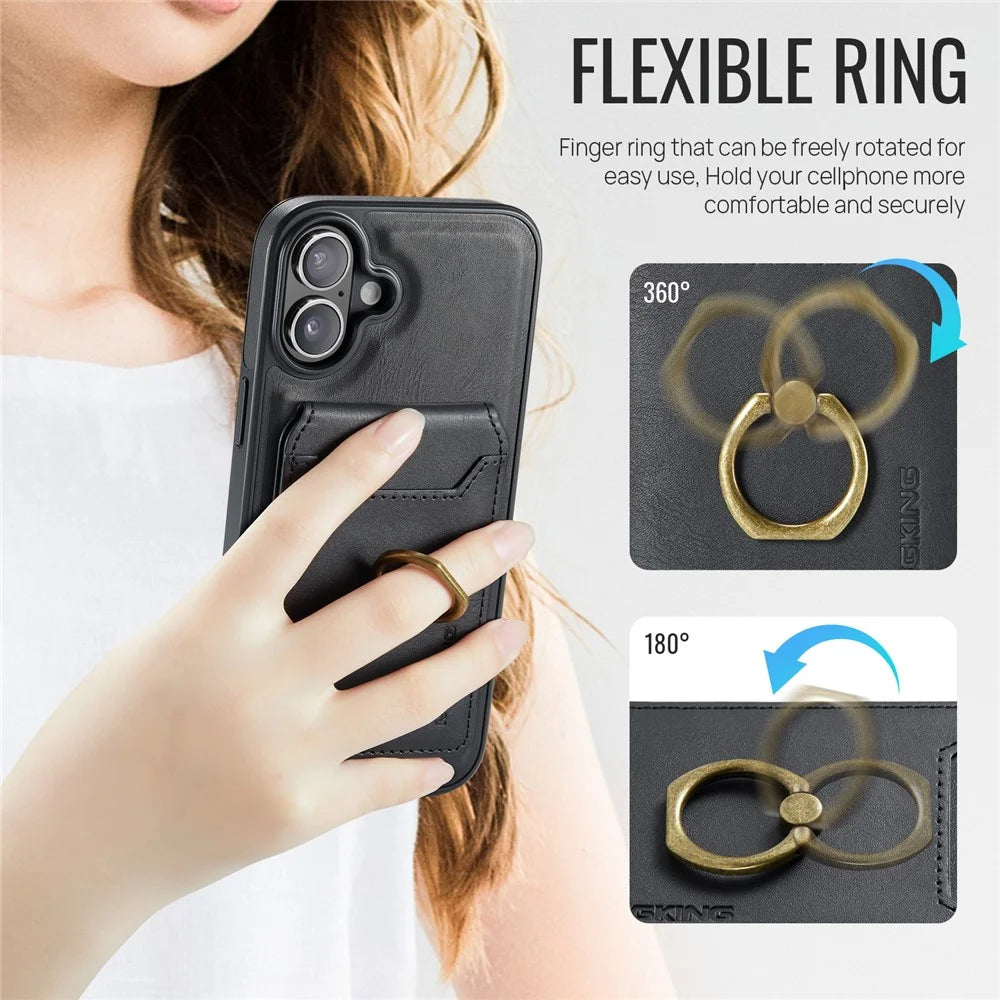 MAGKING K1 Series For iPhone 16 Plus Magnetic Case PC+TPU+PU Phone Cover with Card Holder Kickstand - Black - 7