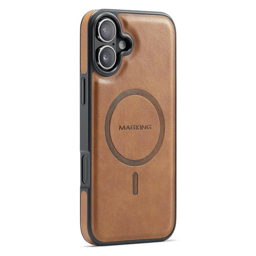 MAGKING K1 Series For iPhone 16 Plus Magnetic Case PC+TPU+PU Leather Phone Cover - Brown - 1