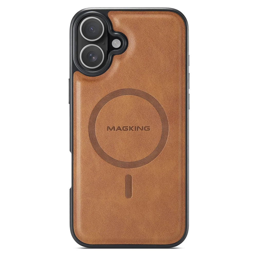 MAGKING K1 Series For iPhone 16 Plus Magnetic Case PC+TPU+PU Leather Phone Cover - Brown - 2