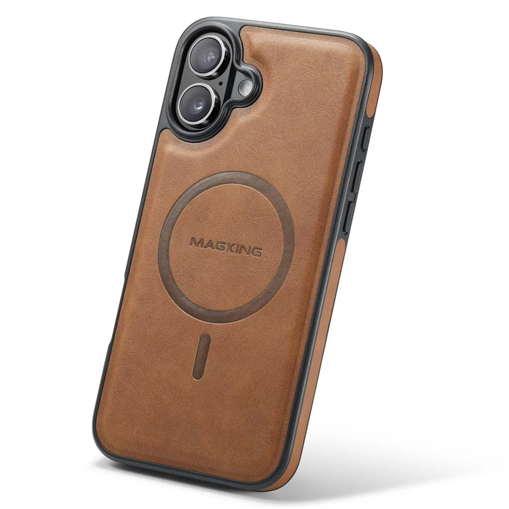 MAGKING K1 Series For iPhone 16 Plus Magnetic Case PC+TPU+PU Leather Phone Cover - Brown - 3