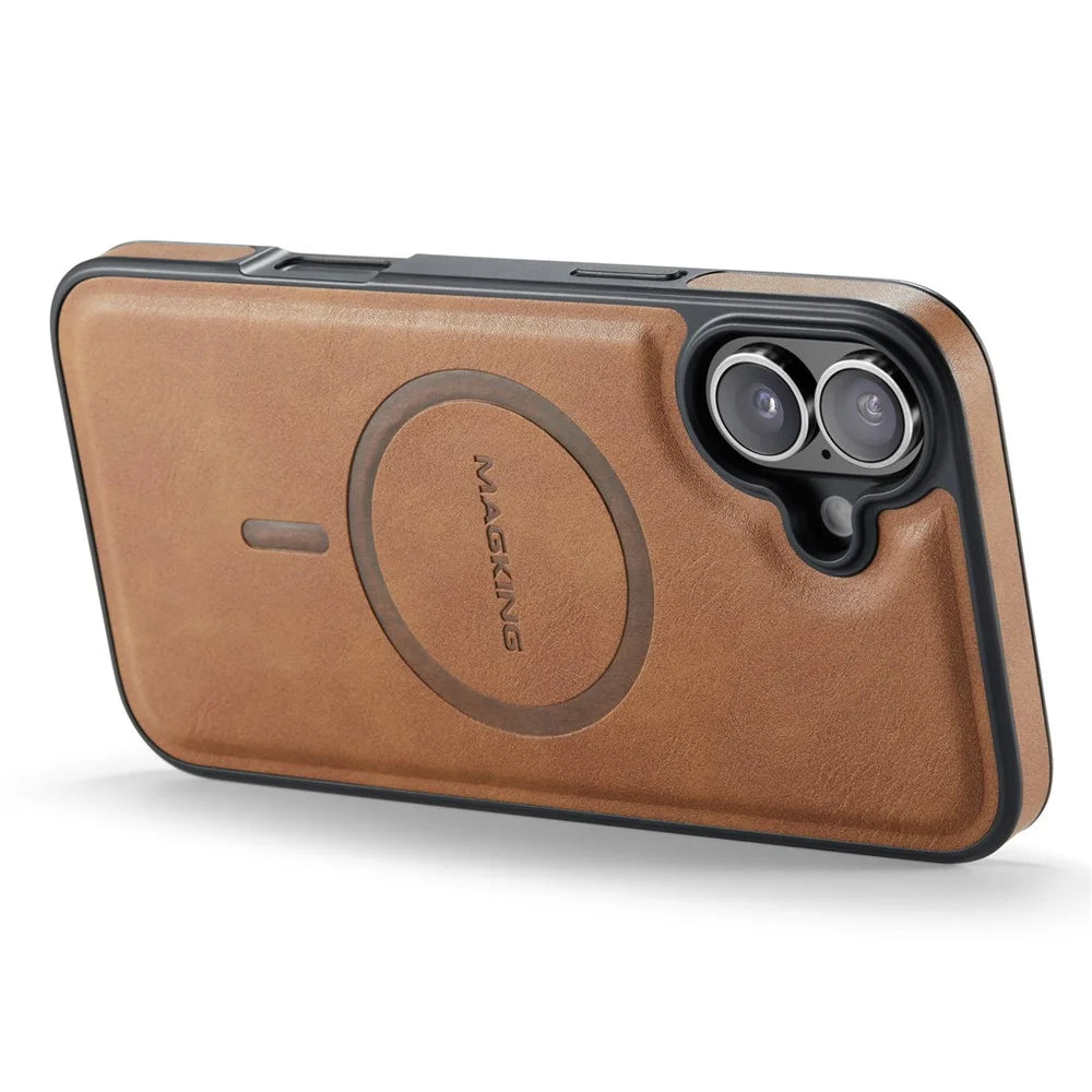 MAGKING K1 Series For iPhone 16 Plus Magnetic Case PC+TPU+PU Leather Phone Cover - Brown - 4