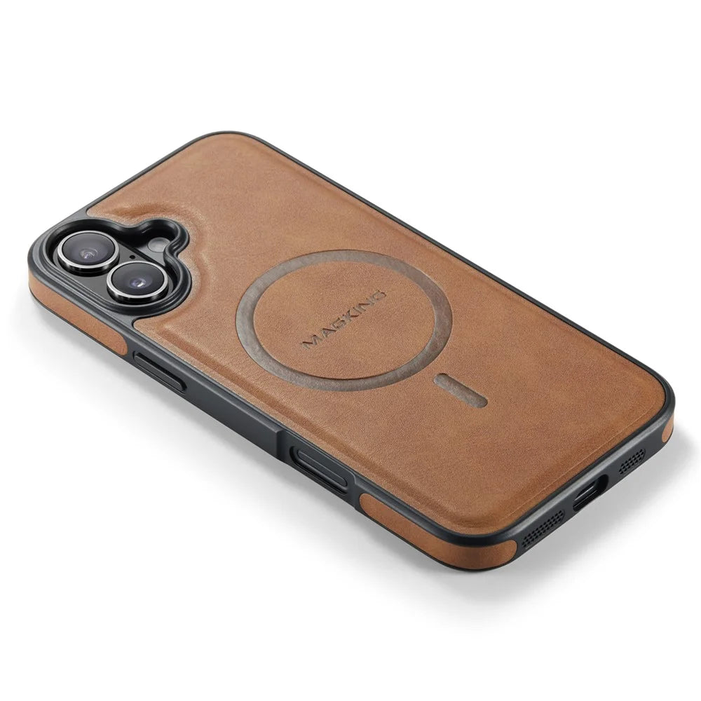 MAGKING K1 Series For iPhone 16 Plus Magnetic Case PC+TPU+PU Leather Phone Cover - Brown - 5