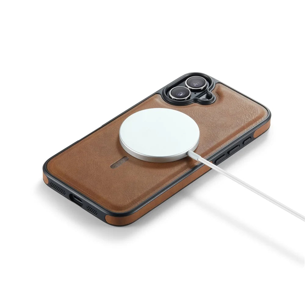 MAGKING K1 Series For iPhone 16 Plus Magnetic Case PC+TPU+PU Leather Phone Cover - Brown - 6