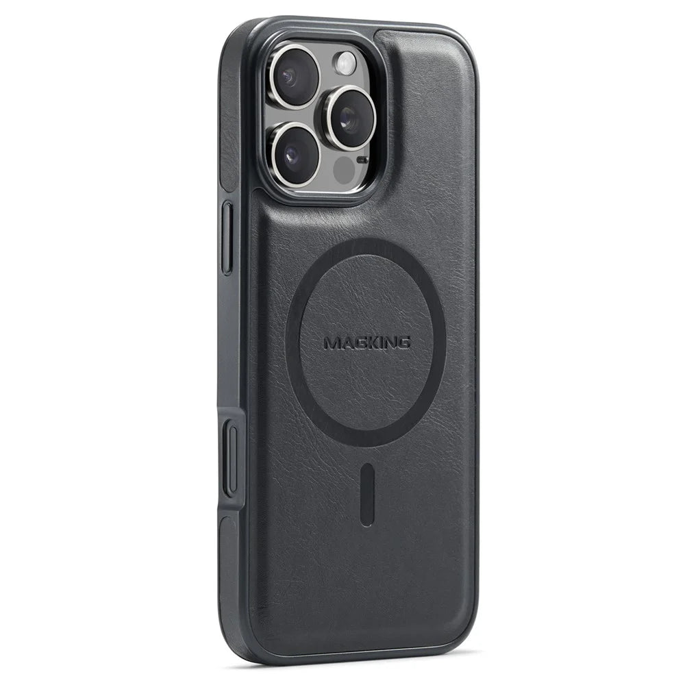 MAGKING K1 Series For iPhone 16 Pro Magnetic Case PC+TPU+PU Leather Phone Cover - Black - 1