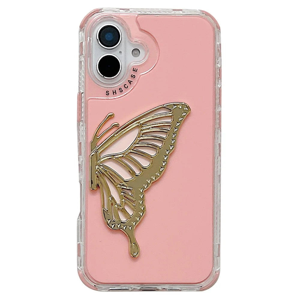 For iPhone 16 Plus Case Butterfly Kickstand TPU+PC Drop-Proof Phone Cover - Pink - 1