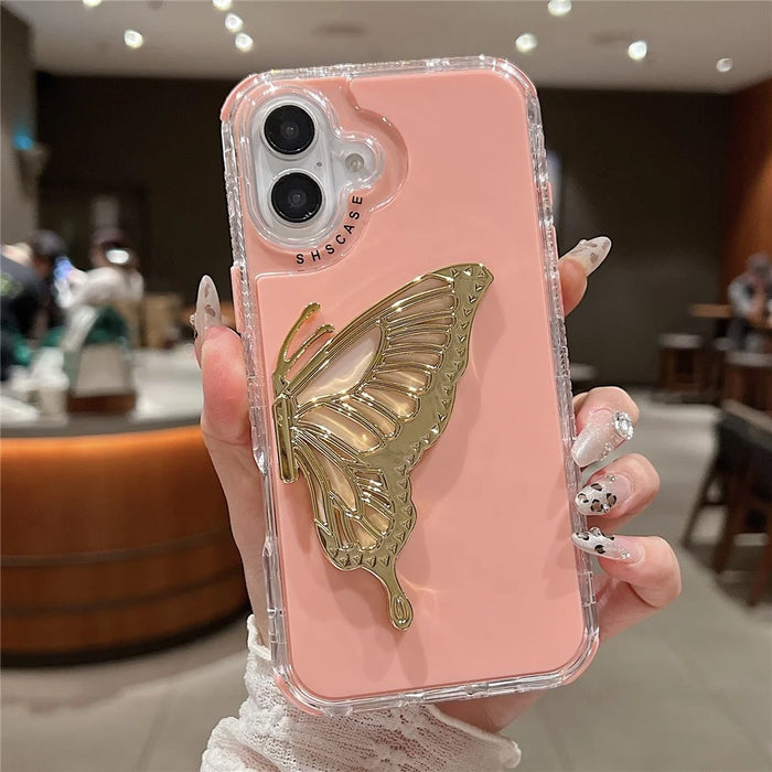 For iPhone 16 Plus Case Butterfly Kickstand TPU+PC Drop-Proof Phone Cover - Pink - 2