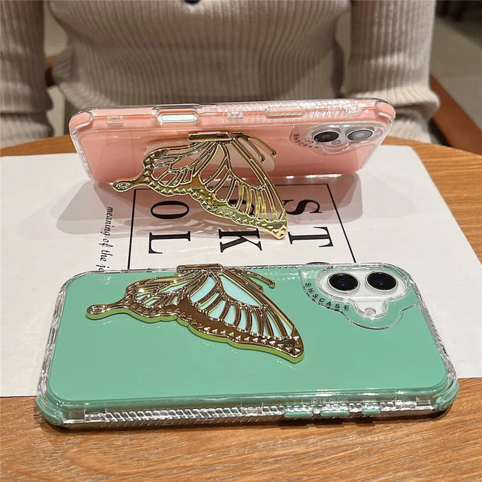 For iPhone 16 Plus Case Butterfly Kickstand TPU+PC Drop-Proof Phone Cover - Pink - 4