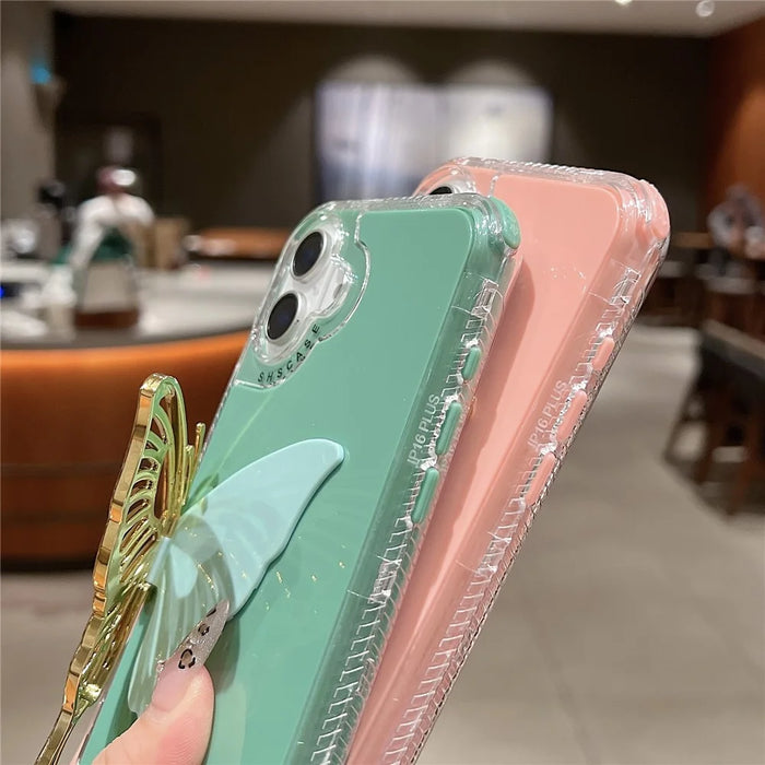 For iPhone 16 Plus Case Butterfly Kickstand TPU+PC Drop-Proof Phone Cover - Pink - 6