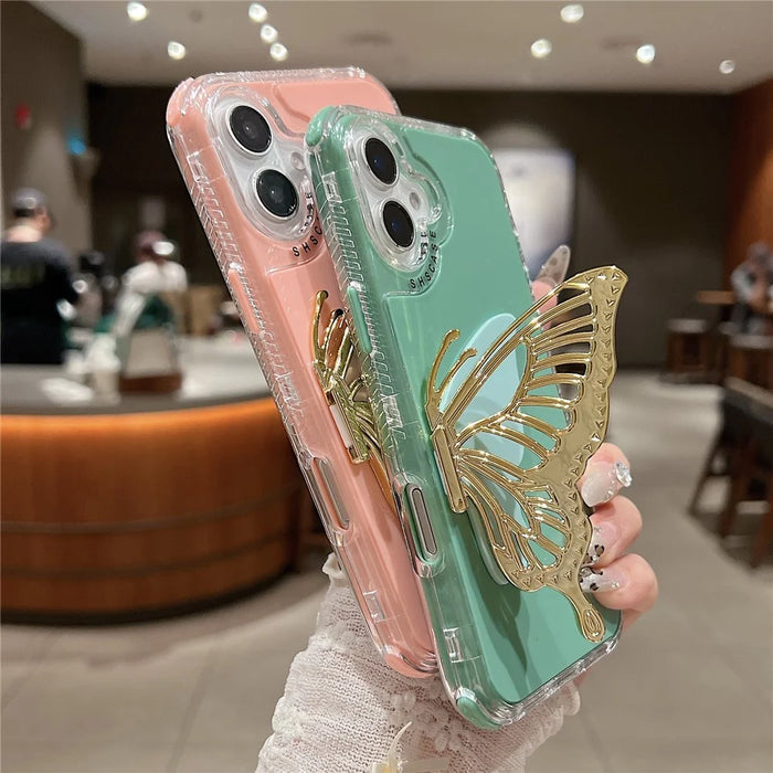 For iPhone 16 Plus Case Butterfly Kickstand TPU+PC Drop-Proof Phone Cover - Pink - 7