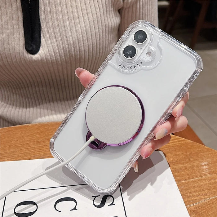 For iPhone 16 Plus Clear Case Compatible with MagSafe Gyro Design PC + TPU Phone Cover with Kickstand - Pink - 5