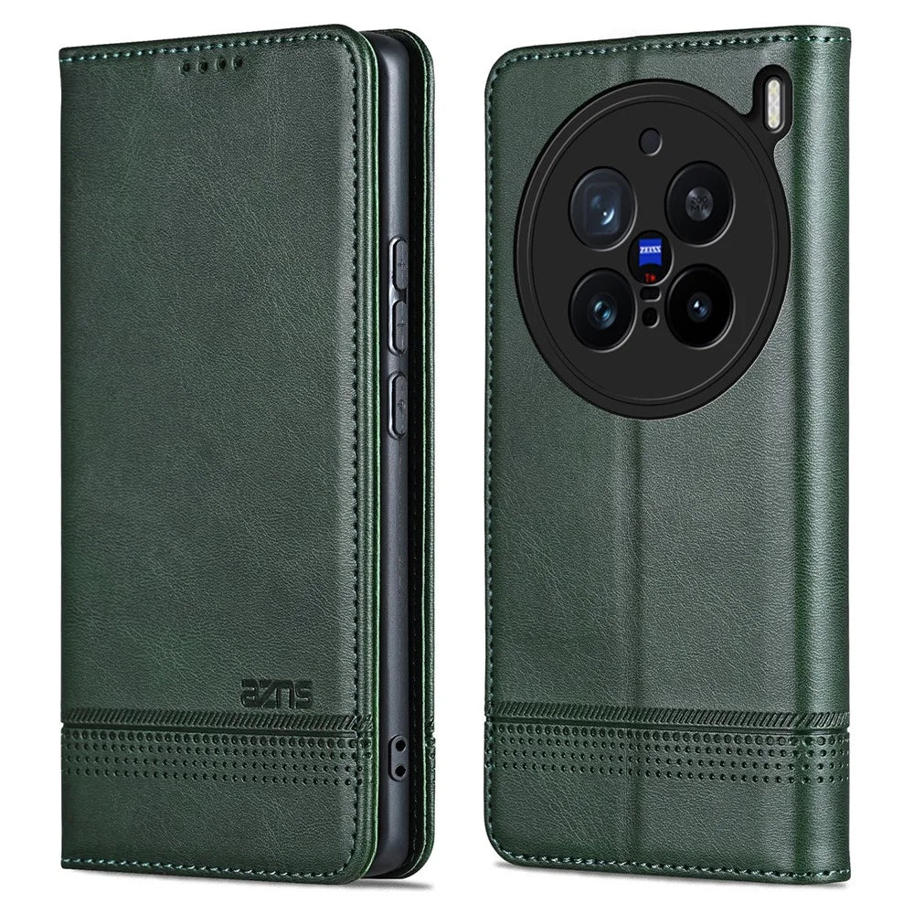 AZNS For vivo X200 Pro 5G Case Cowhide Texture PU Leather Wallet Phone Cover - Green - 1