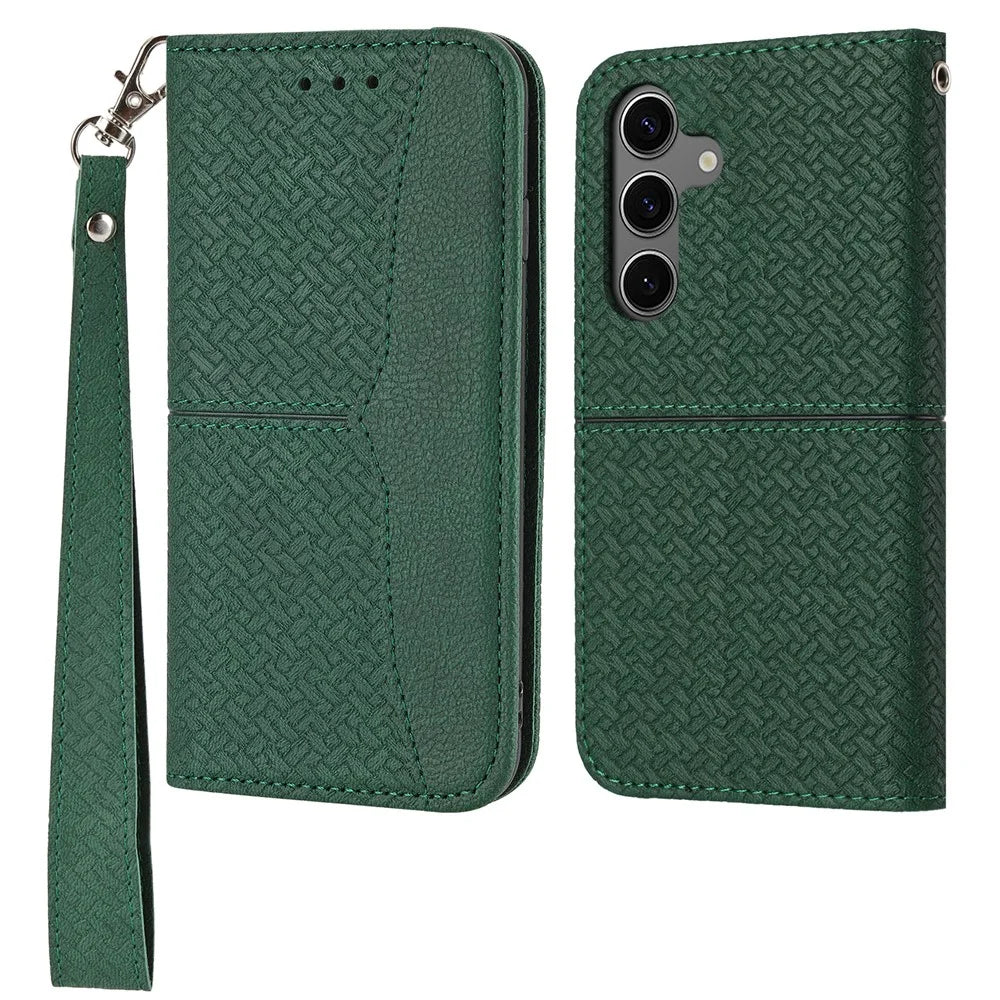 For Samsung Galaxy S25 Case Woven Texture PU Leather Wallet Phone Cover - Blackish Green - 1