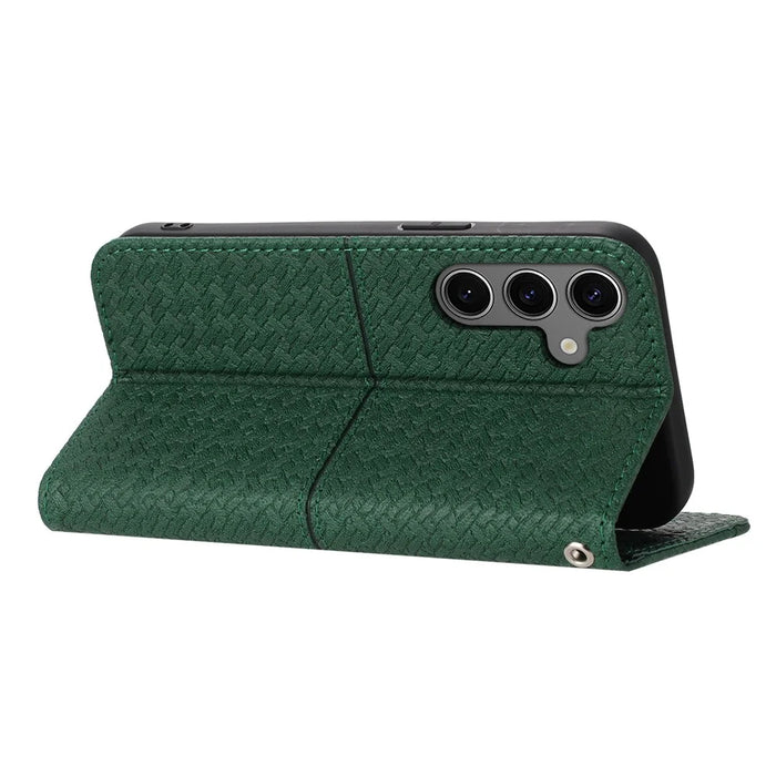 For Samsung Galaxy S25 Case Woven Texture PU Leather Wallet Phone Cover - Blackish Green - 3