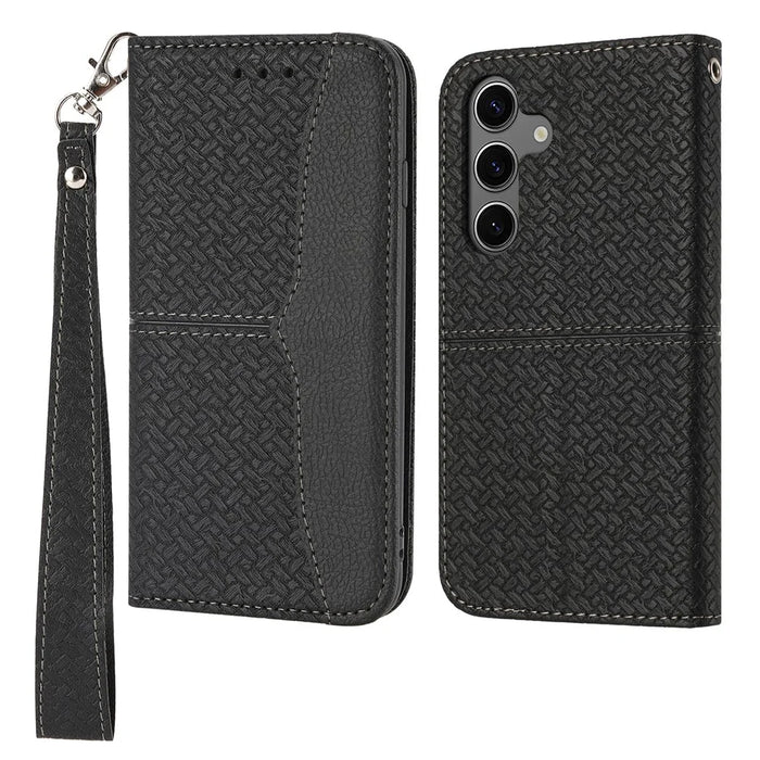 For Samsung Galaxy S25+ Case Woven Texture PU Leather Wallet Phone Cover - Black - 1