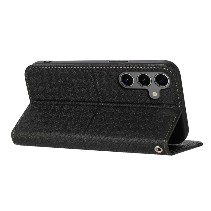 For Samsung Galaxy S25+ Case Woven Texture PU Leather Wallet Phone Cover - Black - 3