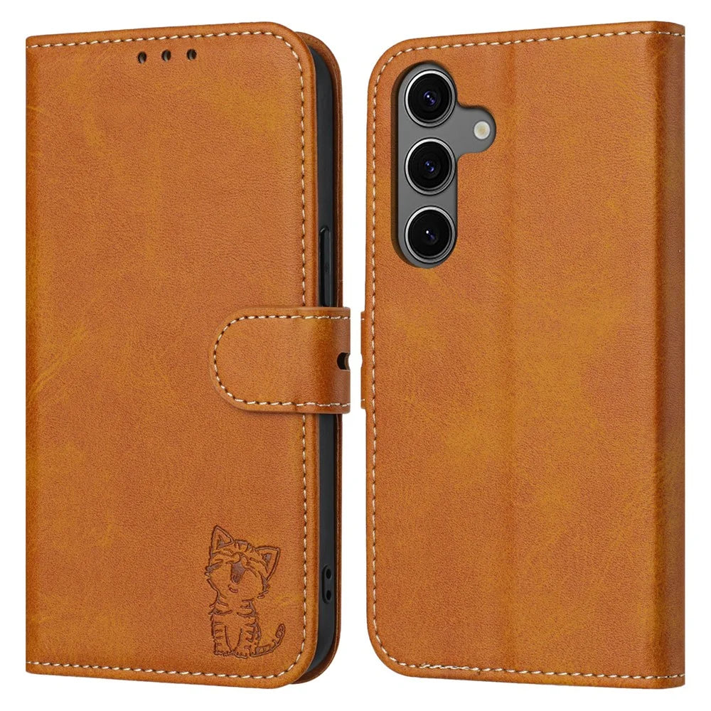 For Samsung Galaxy S25+ Case Happy Cat Pattern Imprinted Leather Wallet Phone Cover - Yellow - 1