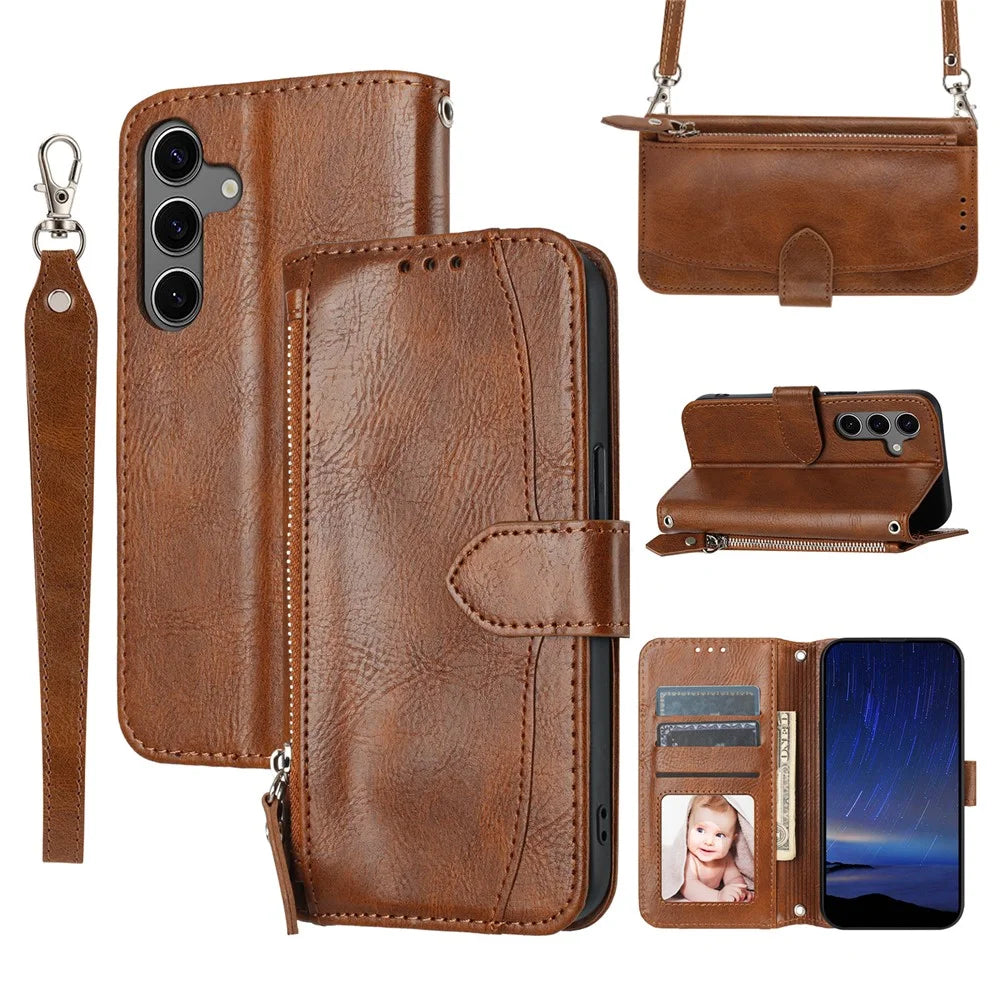 For Samsung Galaxy S25+ Case Zipper Pocket Leather Phone Cover with Crossbody Shoulder Strap - Brown - 1