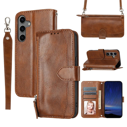 For Samsung Galaxy S25+ Case Zipper Pocket Leather Phone Cover with Crossbody Shoulder Strap - Brown - 1