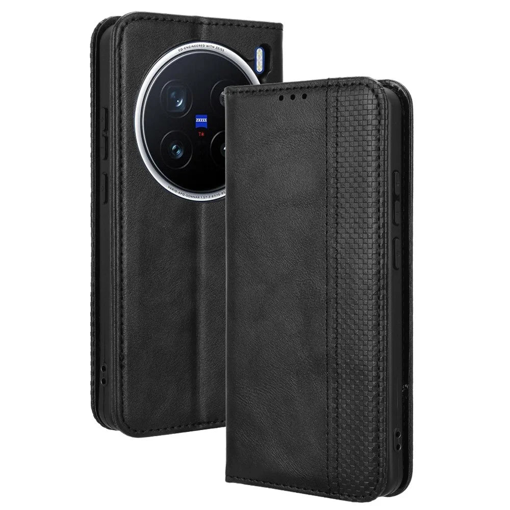 For vivo X200 Pro 5G Leather Case Wallet Stand Retro Texture Phone Cover - Black - 1