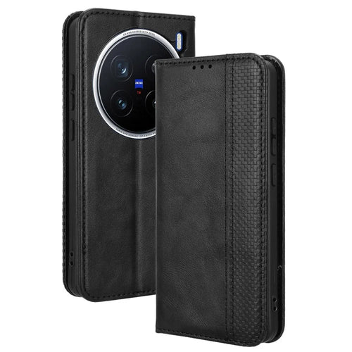For vivo X200 Pro 5G Leather Case Wallet Stand Retro Texture Phone Cover - Black - 1